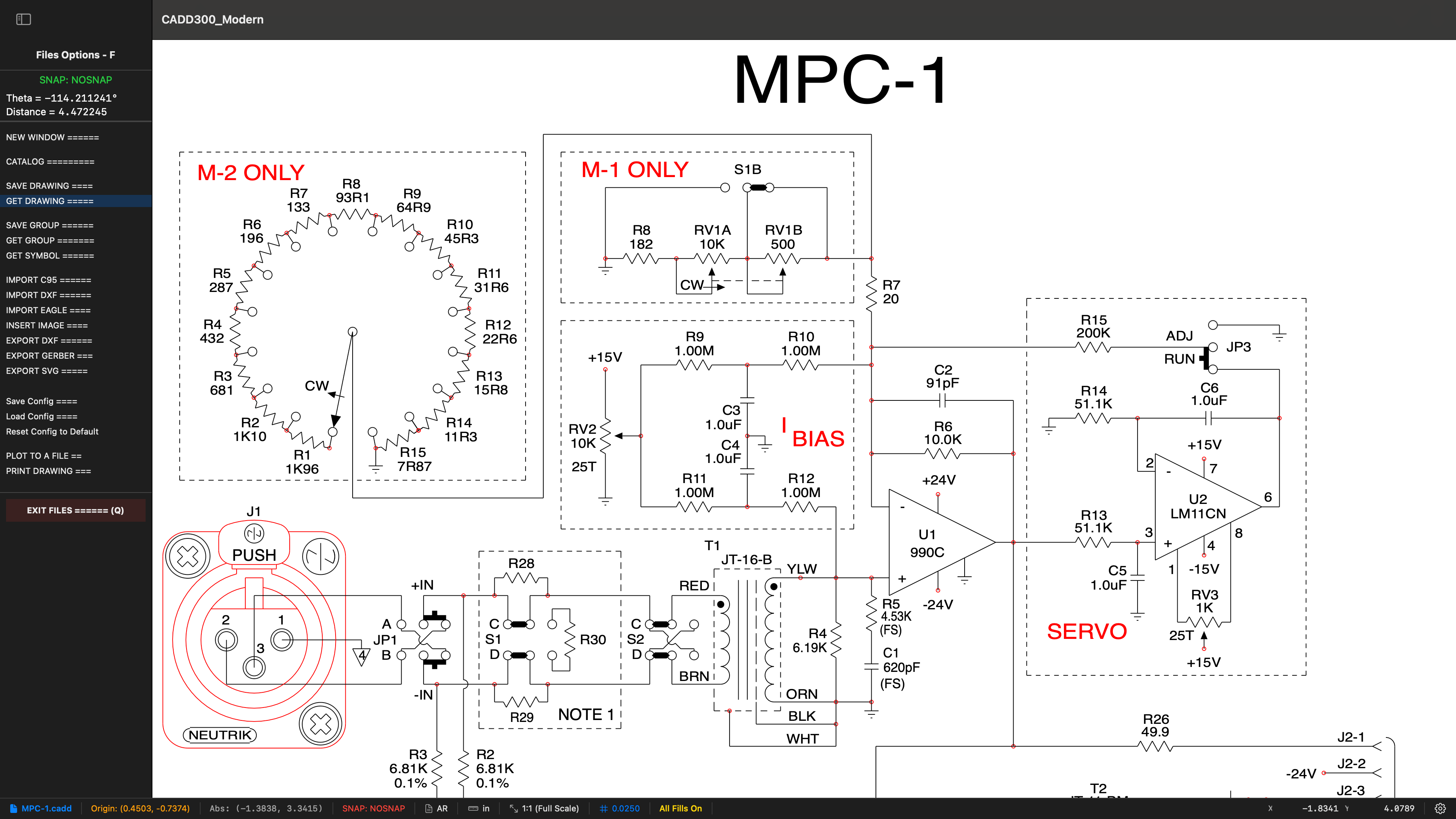 CADD300 Modern application screenshot showing a complex drawing with tool menus and layer panel
